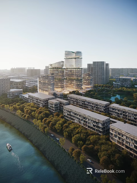 Modern Office Complex With High Low Rise Buildings Surrounded By Trees River And Glass Walls 3d model 