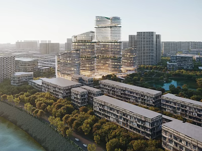 Modern Office Complex With High Low Rise Buildings Surrounded By Trees River And Glass Walls 3d model