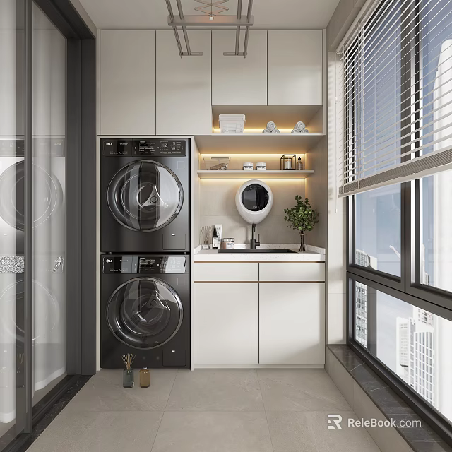 Modern Home Balcony With Stacked Washer Dryer White Cabinets And Window Blinds 3d model 