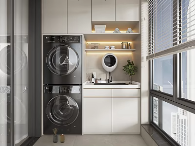 Modern Home Balcony With Stacked Washer Dryer White Cabinets And Window Blinds 3d model