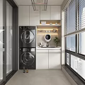 Modern Home Balcony With Stacked Washer Dryer White Cabinets And Window Blinds