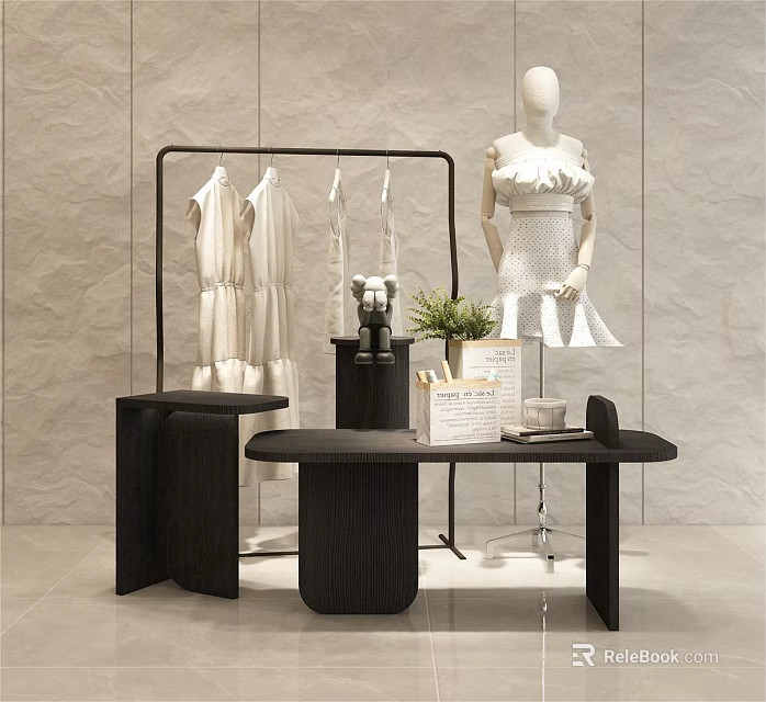 Fashion Store Display With White Dresses Rack Mannequin Black Table Stool And Light Wall 3d model 