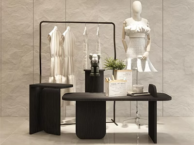 Fashion Store Display With White Dresses Rack Mannequin Black Table Stool And Light Wall 3d model