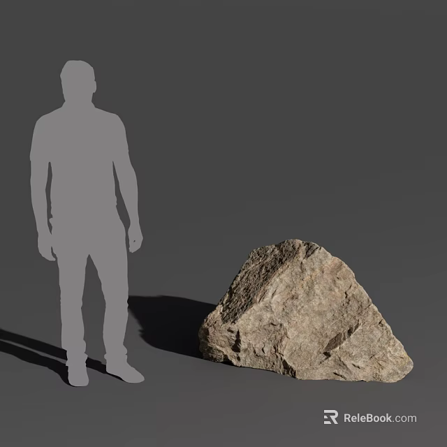 Human Silhouette Standing Next To Large Textured Rock On Plain Gray Background 3d model