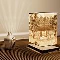 Traditional Chinese Style Table Lamp With Ink Painting Shade And Ceramic Vase On Wooden Table