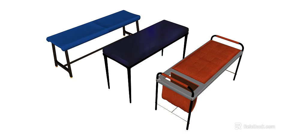 Upholstered Sofa Benches in Blue Dark and Orange with Metal Frame Modern Design 3d model 