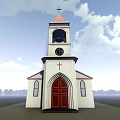 Ancient Historic Church Building with Bell Tower Cross Red Door and White Walls