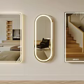 Three Stylish Wall Mounted Lighted Mirrors Reflecting Room Armchair And Staircase