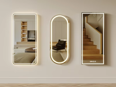 Three Stylish Wall Mounted Lighted Mirrors Reflecting Room Armchair And Staircase 3d model