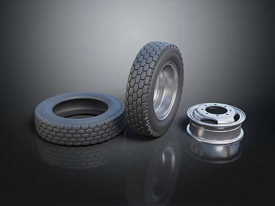 Car Tires With Deep Tread Pattern And Shiny Metal Rim On Reflective Black Surface 3d model