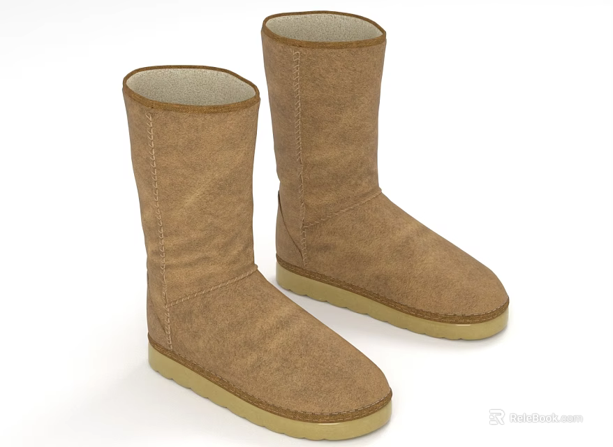 Brown Suede Knee High Boots with Stitched Details and Beige Sole in Simple Minimalist Design 3d model 