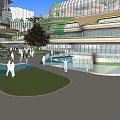 Modern Commercial Street With Curved Glass Facade Green Roof And Pedestrian Walkways