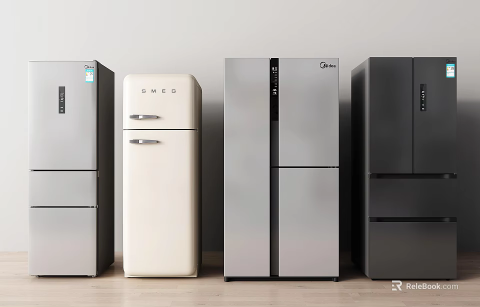 Various Modern Refrigerators Featuring Different Styles Colors And Door Designs In Kitchen 3d model