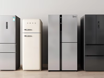 Various Modern Refrigerators Featuring Different Styles Colors And Door Designs In Kitchen 3d model