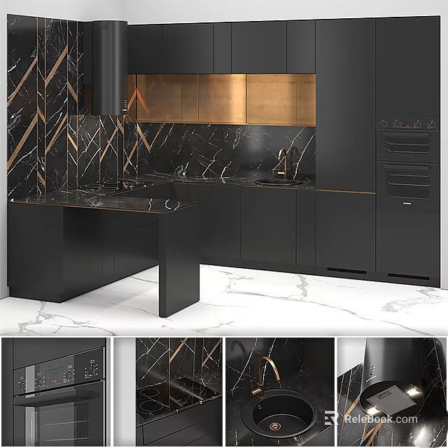 Modern Black Kitchen Cabinets With Marble Backsplash And Gold Accents 3d model