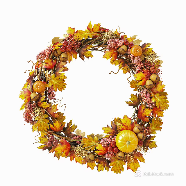 Fall Decorative Wreath with Maple Leaves Pumpkin Berries and Acorns for Home Decoration 3d model 