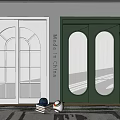 Sliding Doors in White and Green Featuring Arched and Vertical Striped Glass Panels