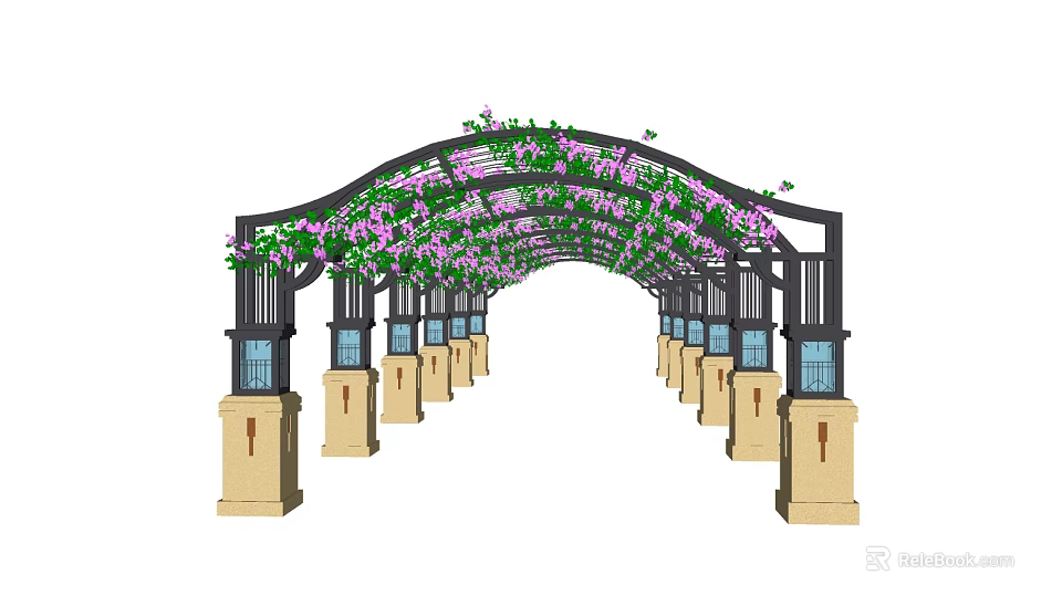 Arched Pergola With Purple Flowers Green Vines Beige Pillars And Blue Accents 3d model 