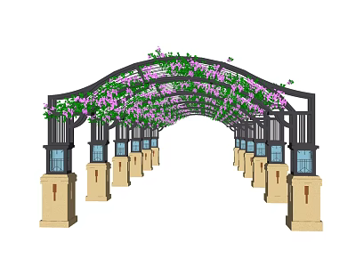 Arched Pergola With Purple Flowers Green Vines Beige Pillars And Blue Accents 3d model