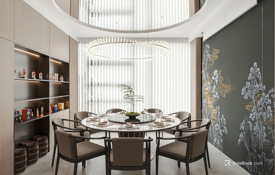 Elegant Private Dining Room With Round Table Chandelier Bookshelves And Decorative Wall Art 3d model 