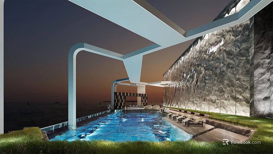 Modern Swimming Pool Facility With Lounge Seats And LED Lighting Design 3d model 