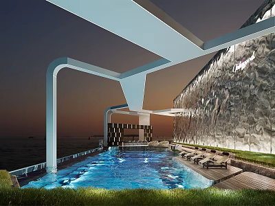 Modern Swimming Pool Facility With Lounge Seats And LED Lighting Design 3d model
