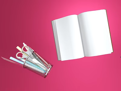Cartoon Scene with Open Notebook and Metal Pen Holder Filled with Stationery on Pink Background 3d model