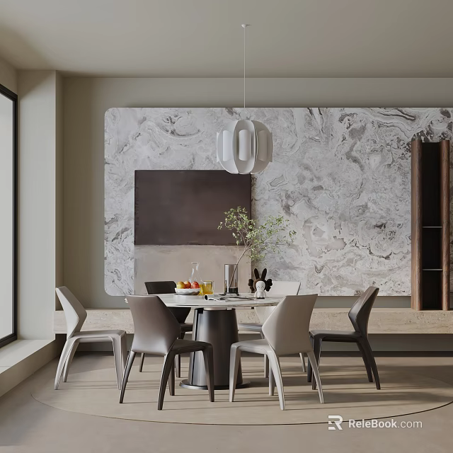 Modern Dining Table Set With Chairs Pendant Light And Marble Textured Wall Backdrop Decor 3d model