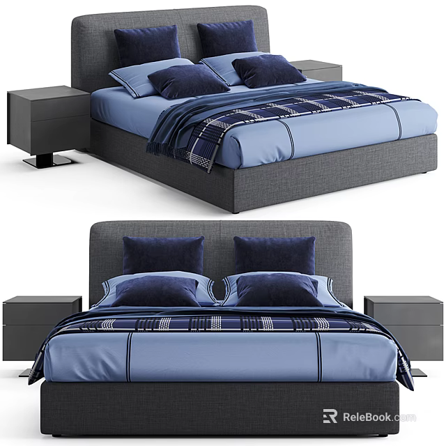 Modern Double Bed With Blue Bed Sheets Pillows And Bedside Tables 3d model