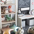 Stuffed Cat Fox Dinosaur Dolls on White Shelf with Books Blackboard Stars Clock and Trolley