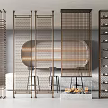 Stylish Metal Room Dividers With Grid Design And Wine Rack In Modern Interior Near Fireplace