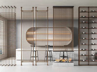 Stylish Metal Room Dividers With Grid Design And Wine Rack In Modern Interior Near Fireplace 3d model