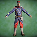 Military Uniform Character With Blue Coat Red Pants Backpack And Green Plants Background Arms Outstretched