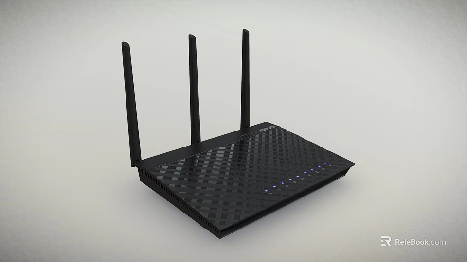 Black Wireless Router with Three Antennas Checkerboard Pattern and Indicator Lights 3d model 