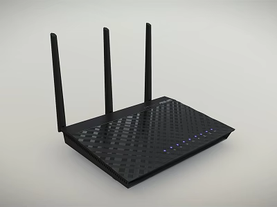 Black Wireless Router with Three Antennas Checkerboard Pattern and Indicator Lights 3d model