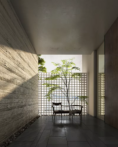 Relaxing Lounge Area with Sunlight Grille Partition Green Tree Wooden Chair Natural Light Textured Walls 3d model