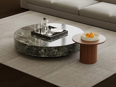 Round Marble Coffee Table with Tray Glass Bottle and Wooden Side Table Holding Fruit Bowl 3d model