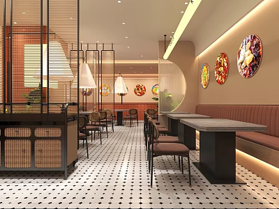 Modern Restaurant Interior With Wall Art Booth Seating Long Tables And Tile Floor 3d model