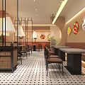 Modern Restaurant Interior With Wall Art Booth Seating Long Tables And Tile Floor