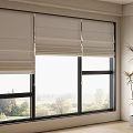 Light Colored Roller Blinds On Window With Natural Landscape View Indoor Plant And Wooden Floor