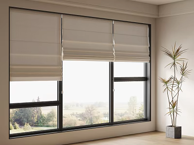 Light Colored Roller Blinds On Window With Natural Landscape View Indoor Plant And Wooden Floor 3d model