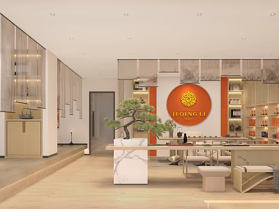 Serene Chinese Style Specialty Store Interior With Tongchu Logo Pine Tree Marble Counter And Shelves 3d model