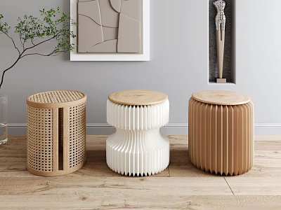 Modern Wooden Stools With Textured Striped And Hollow Design For Interior 3d model