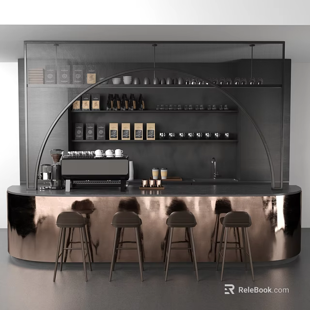 Stylish Curved Bar Counter With Metallic Finish Coffee Machine Cups Shelves Bean Packages Bar Stools 3d model 