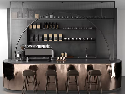 Stylish Curved Bar Counter With Metallic Finish Coffee Machine Cups Shelves Bean Packages Bar Stools 3d model