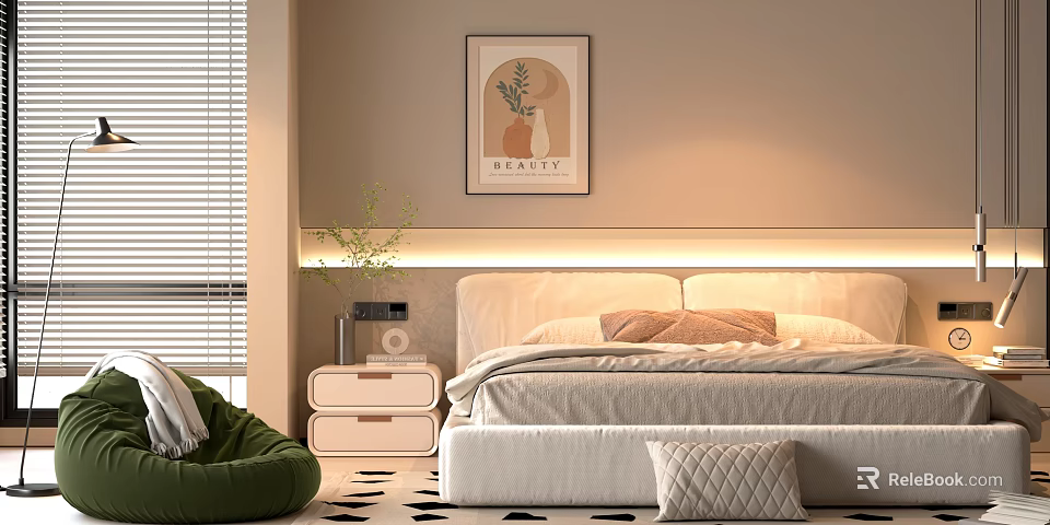 Modern Double Bed With Bedside Lighting Nightstand Green Plant And Decorative Painting 3d model 