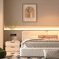 Modern Double Bed With Bedside Lighting Nightstand Green Plant And Decorative Painting