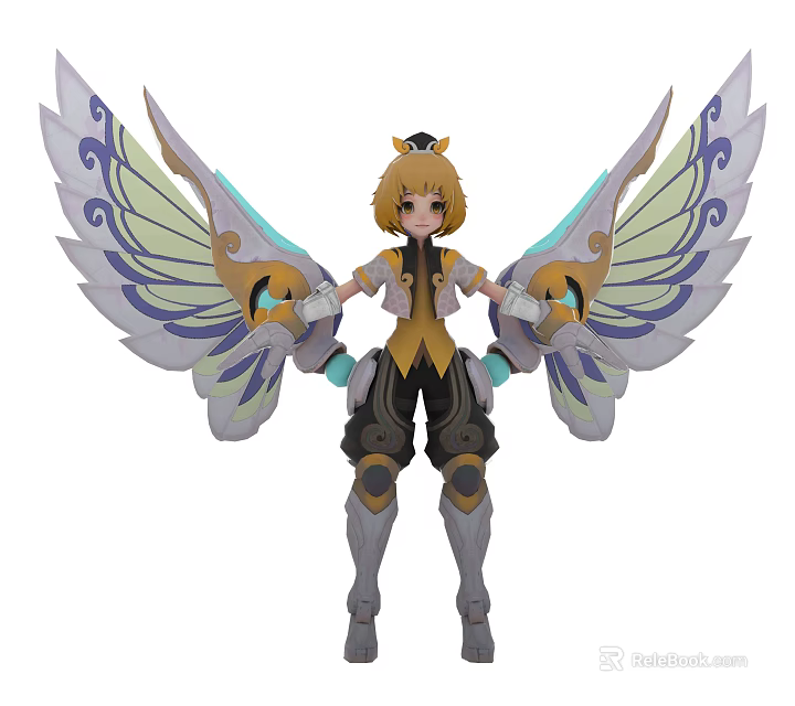 Game Character With Blonde Short Hair Crown Headpiece Yellow Black Outfit And Large Wings 3d model 