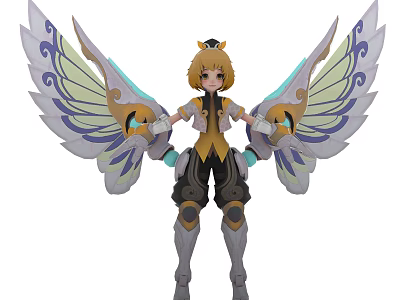 Game Character With Blonde Short Hair Crown Headpiece Yellow Black Outfit And Large Wings 3d model