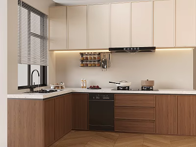 Modern Kitchen Interior With White Upper Cabinets Wooden Lower Countertop And Appliances 3d model